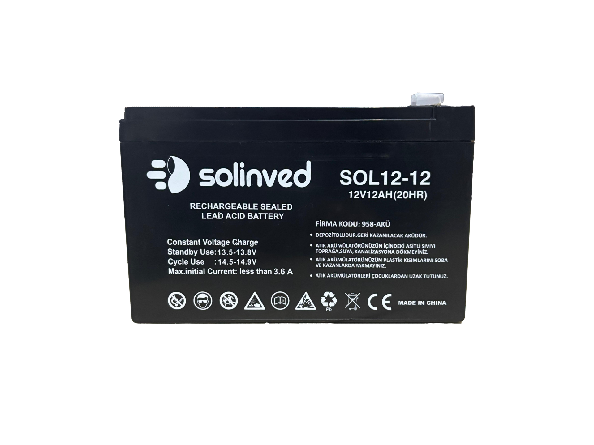 Solinved 12V 12AH Ups ve Alarm Aküsü