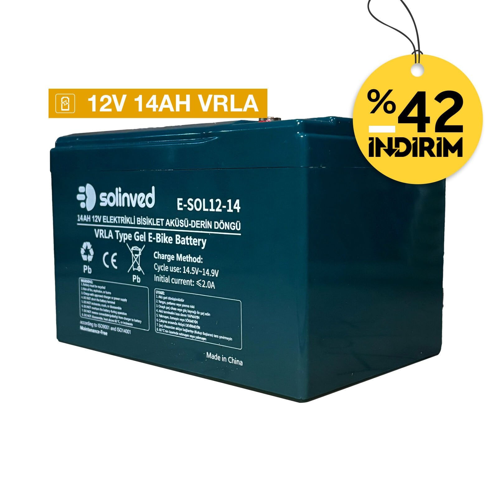 Solinved 12V 14AH VRLA Tipi Elektrikli Bisiklet Aküsü