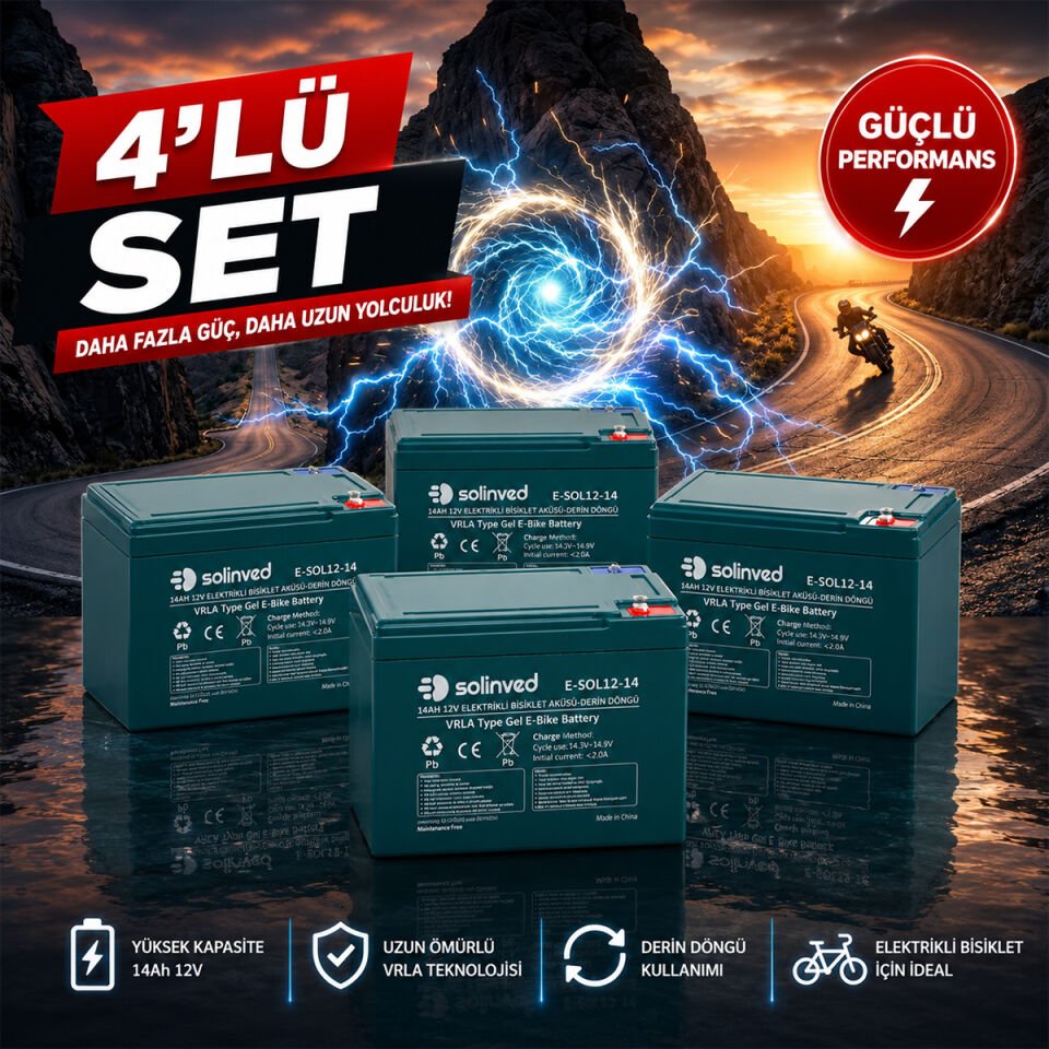 Solinved 12V 14AH VRLA Tipi Elektrikli Bisiklet Aküsü 4'lü Paket
