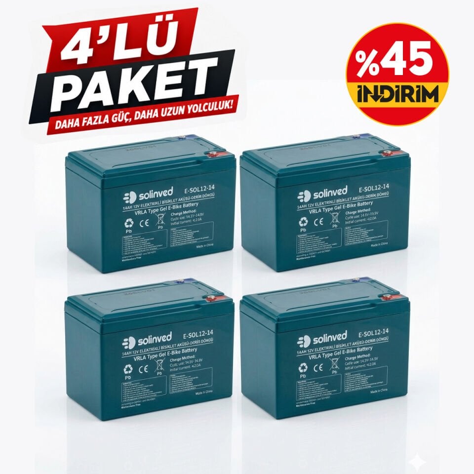 Solinved 12V 14AH VRLA Tipi Elektrikli Bisiklet Aküsü 4'lü Paket