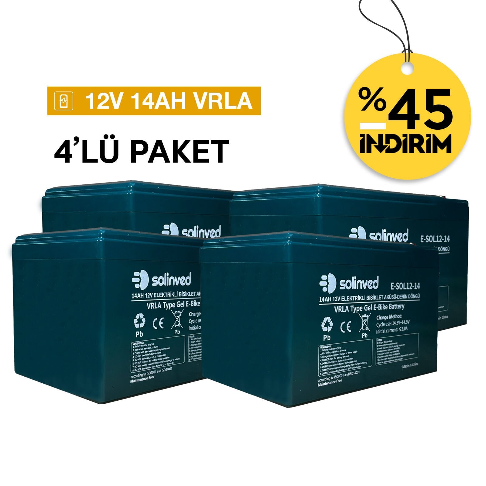 Solinved 12V 14AH VRLA Tipi Elektrikli Bisiklet Aküsü 4'lü Paket