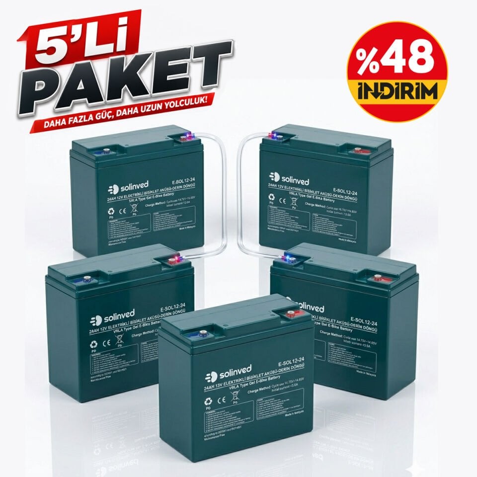 Solinved 12V 24AH VRLA Tipi Elektrikli Bisiklet Aküsü 5'li Paket