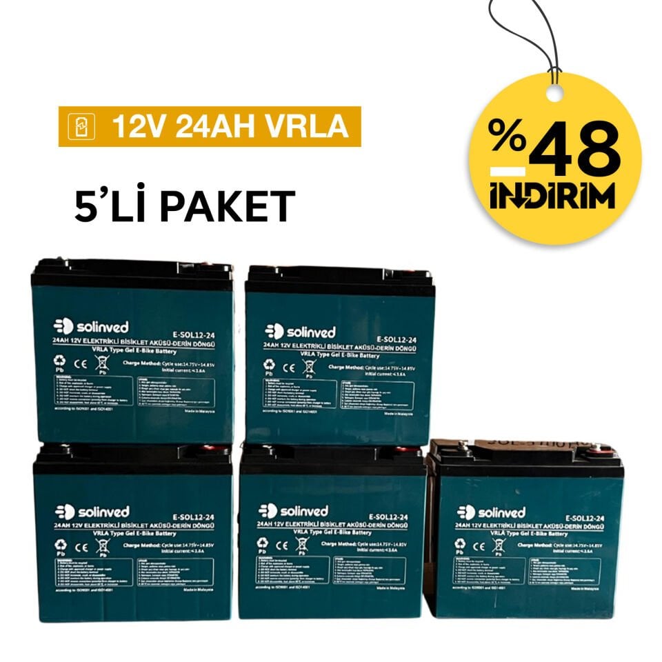 Solinved 12V 24AH VRLA Tipi Elektrikli Bisiklet Aküsü 5'li Paket